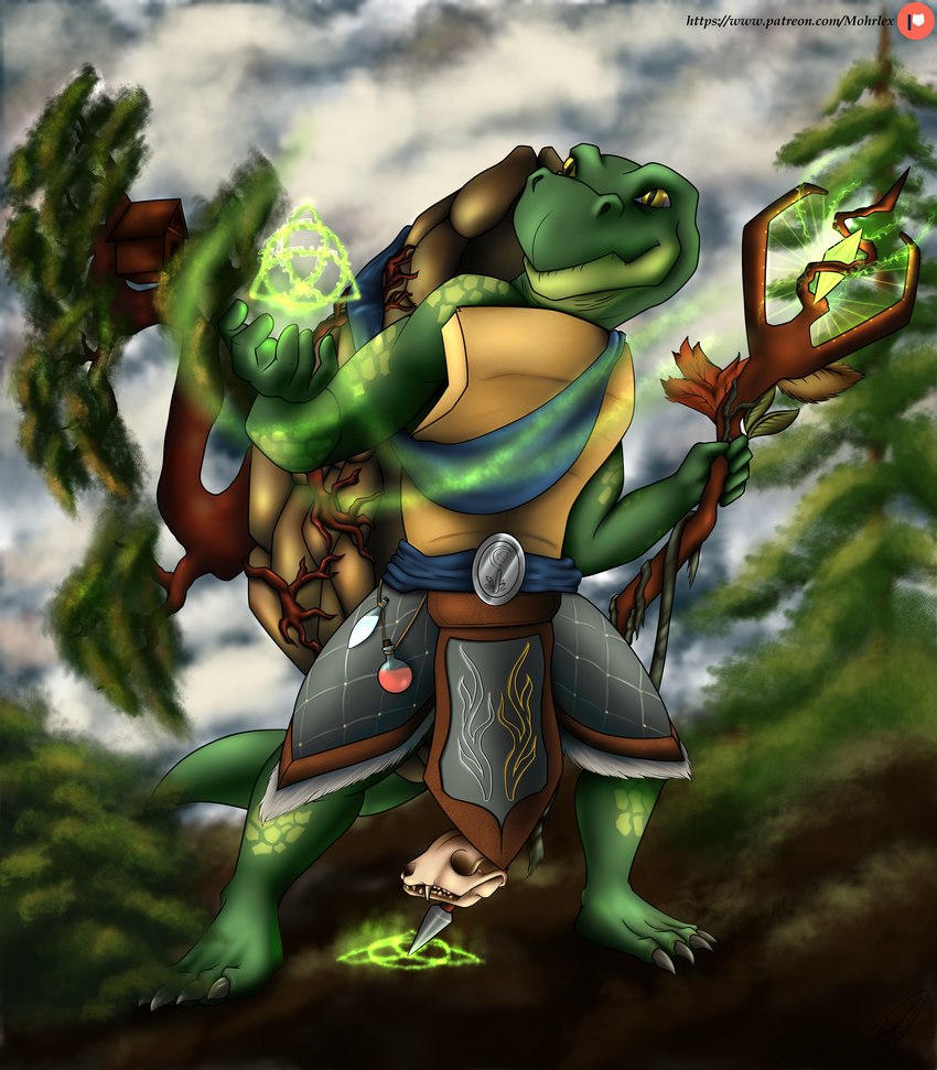 anthro armor belt belt_buckle bone bottomwear branch buckle clothed clothed_anthro clothing eyebrows green_body green_skin holding_object looking_at_self magic magic_user male not_furry outside plant shell simple_background skull solo staff standing symbol symbol_on_clothing tail text topwear tree yellow_eyes mohrlex reptile scalie turtle absurd_res digital_media_(artwork) english_text hi_res url