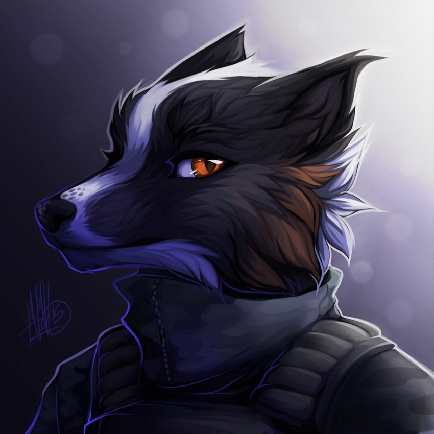 anthro black_body black_fur black_nose clothed clothing fur male orange_eyes solo white_body white_fur neotheta canid canine fox mammal 1:1 2015 digital_media_(artwork)