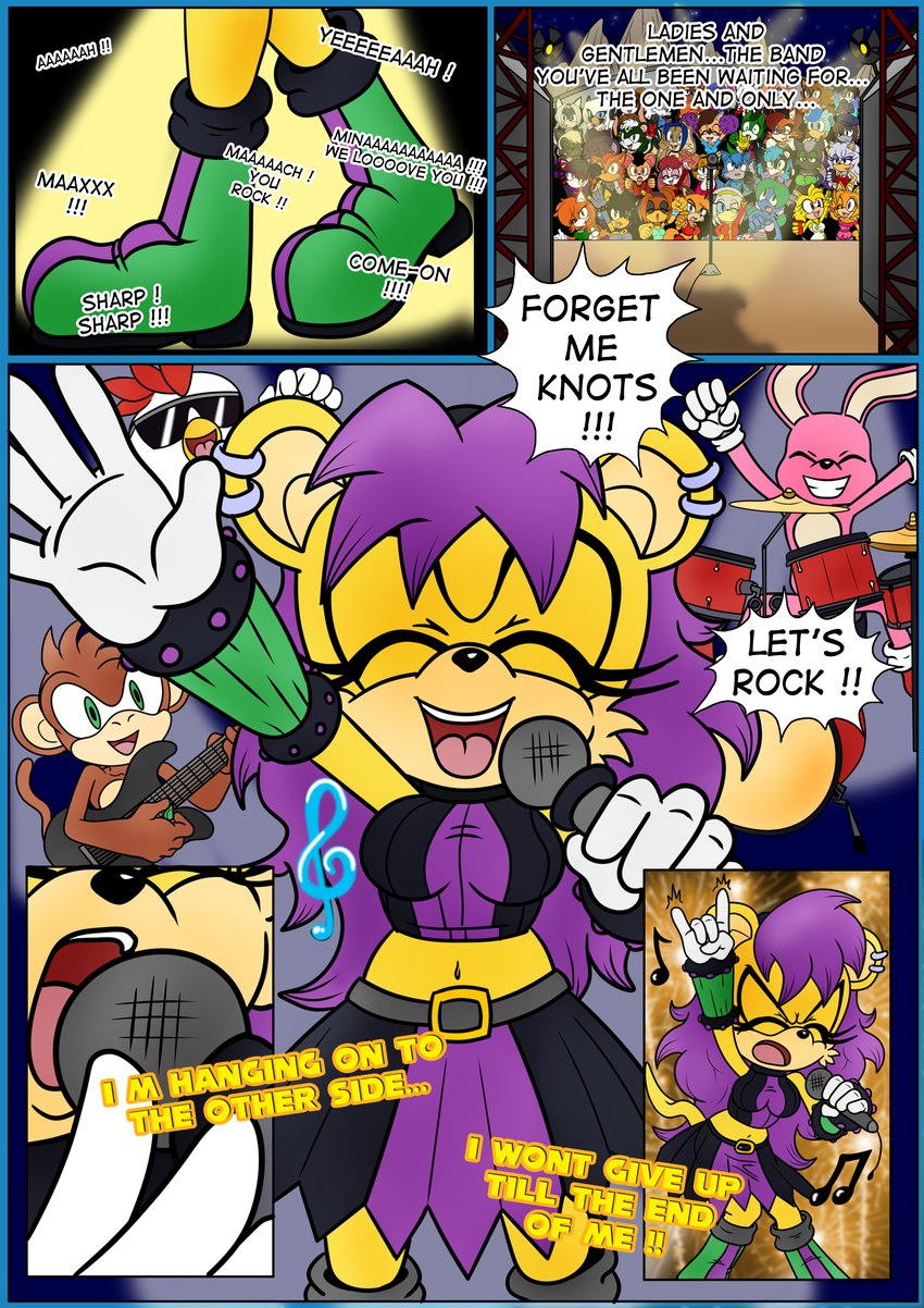 blue_eyes eyes_closed female green_eyes machine male purple_eyes singing text yellow_eyes raianonzika archie_comics sega sonic_the_hedgehog_(archie) sonic_the_hedgehog_(comics) sonic_the_hedgehog_(series) bump_the_deer mina_mongoose sonic_the_hedgehog zeta_the_echidna deer domestic_cat echidna eulipotyphlan felid feline felis haplorhine hedgehog herpestid lagomorph leporid mammal mongoose monkey monotreme primate rabbit robot absurd_res comic english_text hi_res