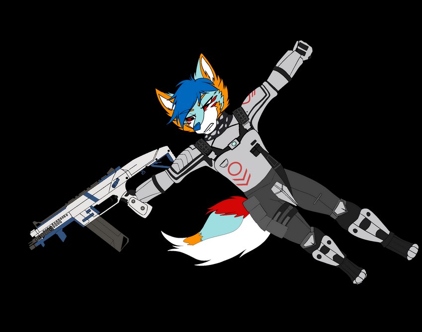 aggressive anthro armor black_armor blue_hair fur grapple gun hair looking_down male multicolored_body multicolored_fur ranged_weapon red_eyes simple_background solo transparent_background wall_running weapon white_armor battybytes electronic_arts respawn_entertainment titanfall titanfall_2 falcon_woodwere arctic_wolf canid canine canis mammal wolf alpha_channel hi_res