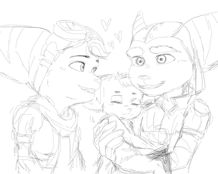 anthro baby eyewear family female goggles group happy holding_baby looking_at_another male romantic romantic_couple smile stripes young whitestia ratchet_and_clank sony_corporation sony_interactive_entertainment fan_character ratchet_(ratchet_and_clank) rivet_(ratchet_and_clank) lombax mammal hi_res monochrome sketch