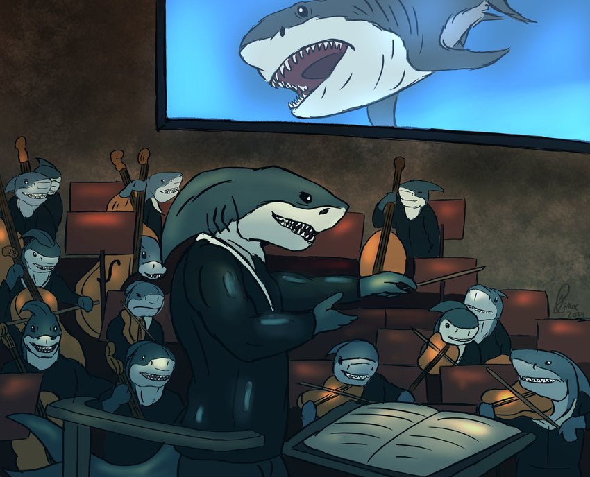 ambiguous_gender anthro antiquatember black_tie_(suit) bowed_string_instrument cello clothing conductor group music musical_instrument orchestra prompt string_instrument suit violin violin_bow yenocwolf jaws_(film) universal_studios fish mackerel_shark marine megalodon prehistoric_species shark absurd_res hi_res