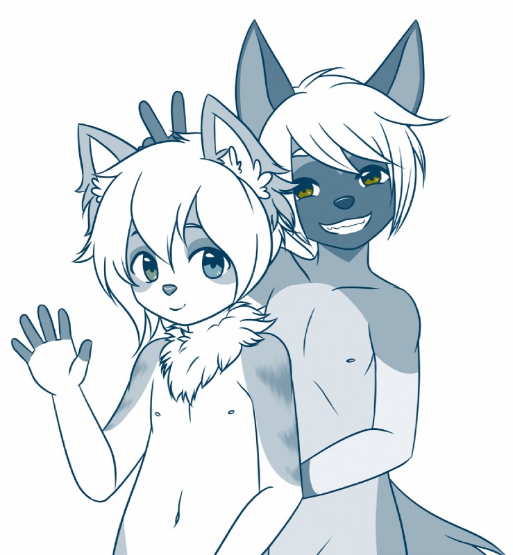 anthro blue_eyes bunny_ears_(gesture) duo gesture green_eyes hair heterochromia male neck_tuft simple_background smile teeth tuft waving white_background yellow_eyes young young_anthro k0yangi canid canine mammal 2016 hi_res