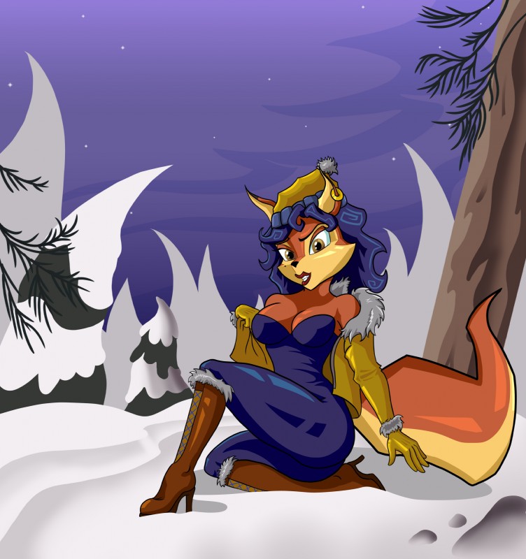 anthro breasts cleavage clothed clothing ear_piercing female fur orange_body orange_fur outside piercing snow solo astraldog sly_cooper_(series) sony_corporation sony_interactive_entertainment sucker_punch_productions carmelita_fox canid canine fox mammal absurd_res hi_res