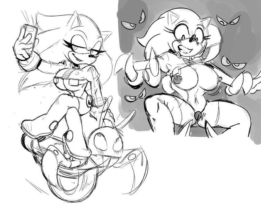 anthro big_breasts blush boots breasts clothing crop_top crossgender female footwear group high_heels legwear machine nipples restrained selfie shirt shoes thigh_boots thigh_highs topwear missphase sega sonic_the_hedgehog_(series) sonic_the_hedgehog badnik eulipotyphlan hedgehog mammal motobug robot monochrome