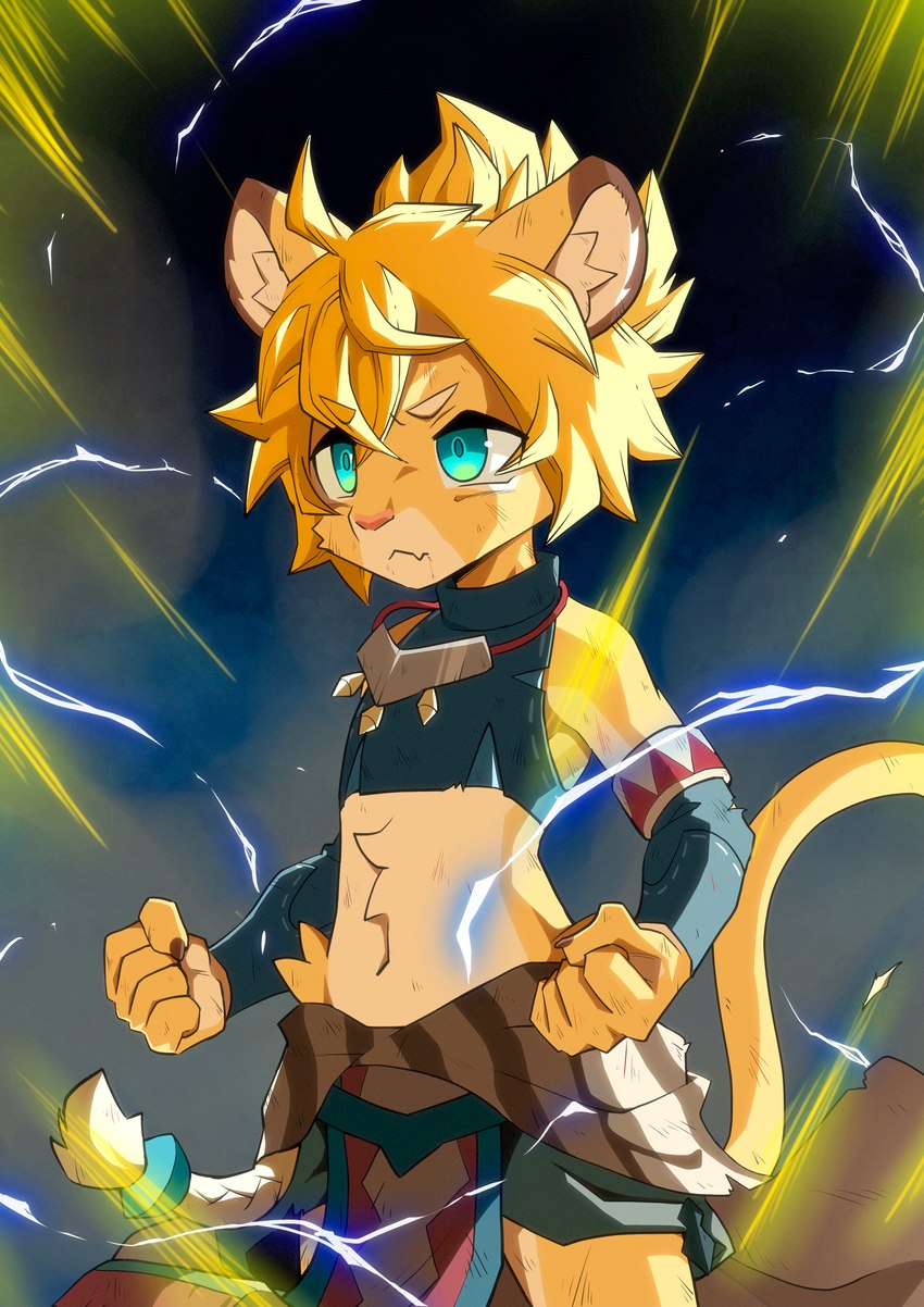 5_fingers anthro blue_eyes bottomwear clothing electricity energy fingers inner_ear_fluff male powering_up solo topwear tuft konazarame cygames world_flipper teo_(world_flipper) felid lion mammal pantherine 2021 absurd_res hi_res