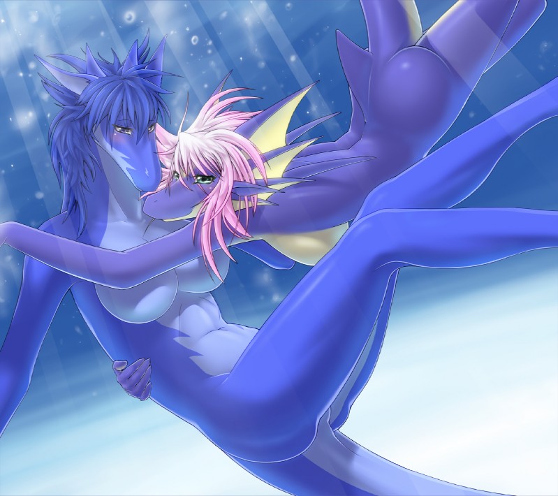 anthro big_breasts blue_eyes blue_hair breasts bubble butt convenient_censorship duo female female/female hair hand_behind_back legs_up looking_at_viewer navel non-mammal_breasts nude pink_hair side_boob smile swimming tail underwater water noah_(artist) mythology despina tooca dragon mythological_creature mythological_scalie scalie hi_res