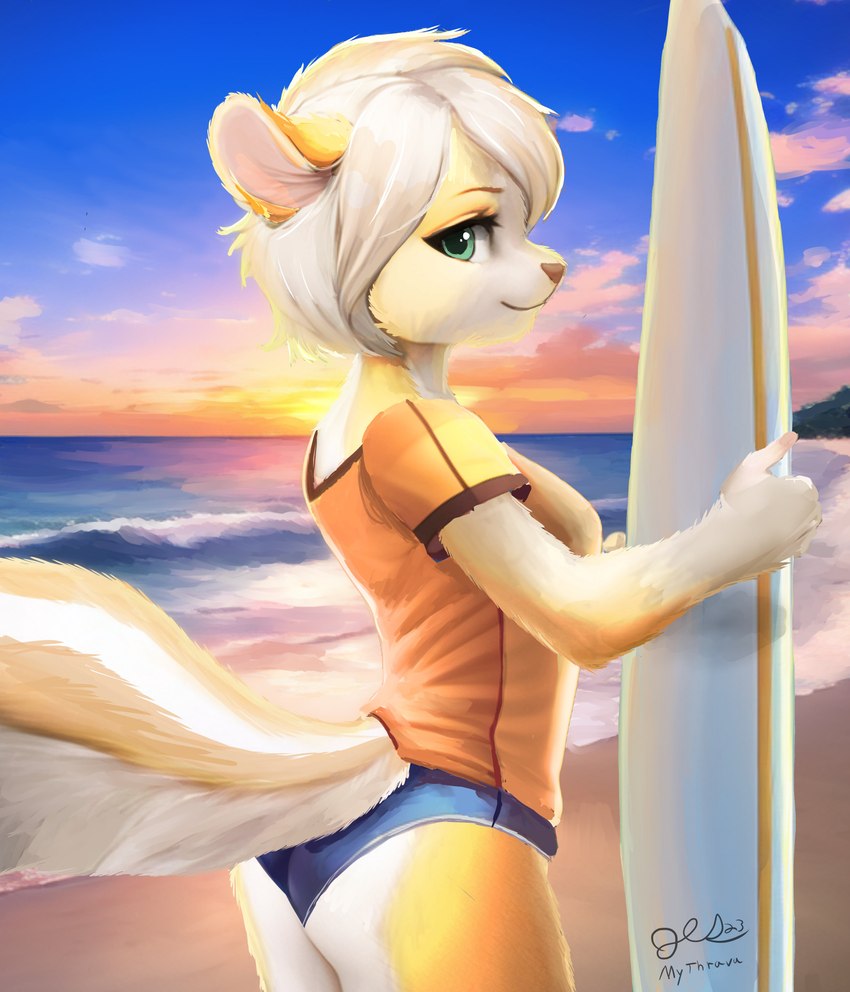 5_fingers anthro beach blue_clothing blue_sky blue_swimwear breasts brown_nose butt clothed clothing cloud eyebrows eyelashes female fingers fluffy fluffy_tail fur green_eyes hair holding_object holding_surfboard looking_at_viewer multicolored_body multicolored_fur multicolored_tail orange_body orange_clothing orange_fur orange_shirt orange_t-shirt orange_topwear outside plant sand sea shirt short_hair sky slim slim_anthro slim_female small_butt smile smiling_at_viewer solo sunset surfboard swimwear t-shirt tail topwear tree water wave white_body white_fur white_hair white_inner_ear mythrava alani_(mythrava) mammal mephitid skunk 2023 absurd_res artist_name colored digital_media_(artwork) digital_painting_(artwork) hi_res shaded signature