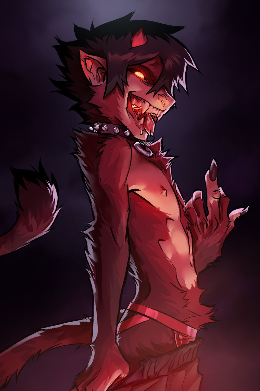 anthro bodily_fluids claws clothed clothing fingers fur gesture glowing glowing_eyes glowing_mouth glowing_pupils hair hand_gesture jockstrap looking_at_viewer male middle_finger nipples open_mouth saliva simple_background smile solo tail teeth tongue tongue_out topless underwear undressing maxspite animal_humanoid demon haplorhine humanoid hybrid mammal mammal_humanoid monkey monkey_humanoid primate primate_humanoid 2022 absurd_res digital_drawing_(artwork) digital_media_(artwork) hi_res portrait shaded three-quarter_portrait