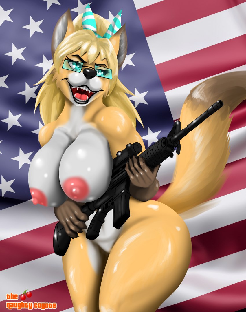 anthro ar-15 big_breasts breasts female glass gun m4a1 nipples ranged_weapon smile solo thick_thighs united_states_of_america weapon smartwhitefang canid canine fox mammal