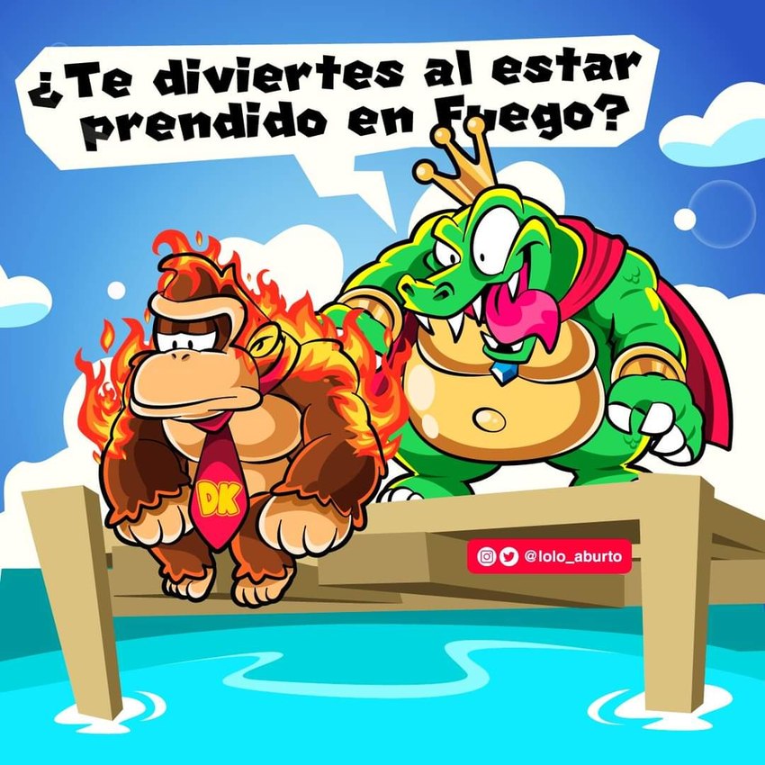 anthro day detailed_background dialogue duo fire male necktie open_mouth outside sitting speech_bubble standing text tongue tongue_out water lolo_aburto donkey_kong_(series) nintendo donkey_kong_(character) king_k._rool ape haplorhine mammal primate 1:1 spanish_text translated