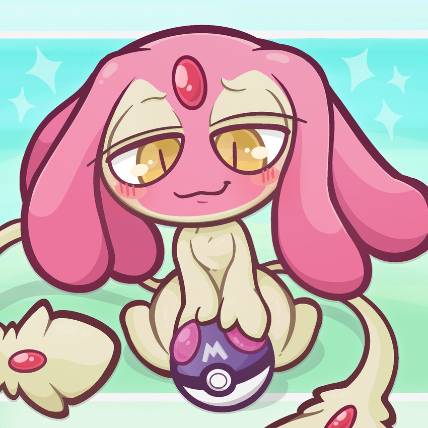 2_tails ambiguous_gender anthro big_eyes blush blush_stickers chibi featureless_chest female feral gem glistening glistening_body glistening_eyes half-closed_eyes kneeling master_ball multi_tail narrowed_eyes pink_body pokeball simple_background smile smiling_at_viewer smug smug_face solo tail tan_body wide_hips yellow_eyes arnkleblarn nintendo pokemon generation_4_pokemon legendary_pokemon mesprit pokemon_(species) shiny_pokemon 1:1 hi_res