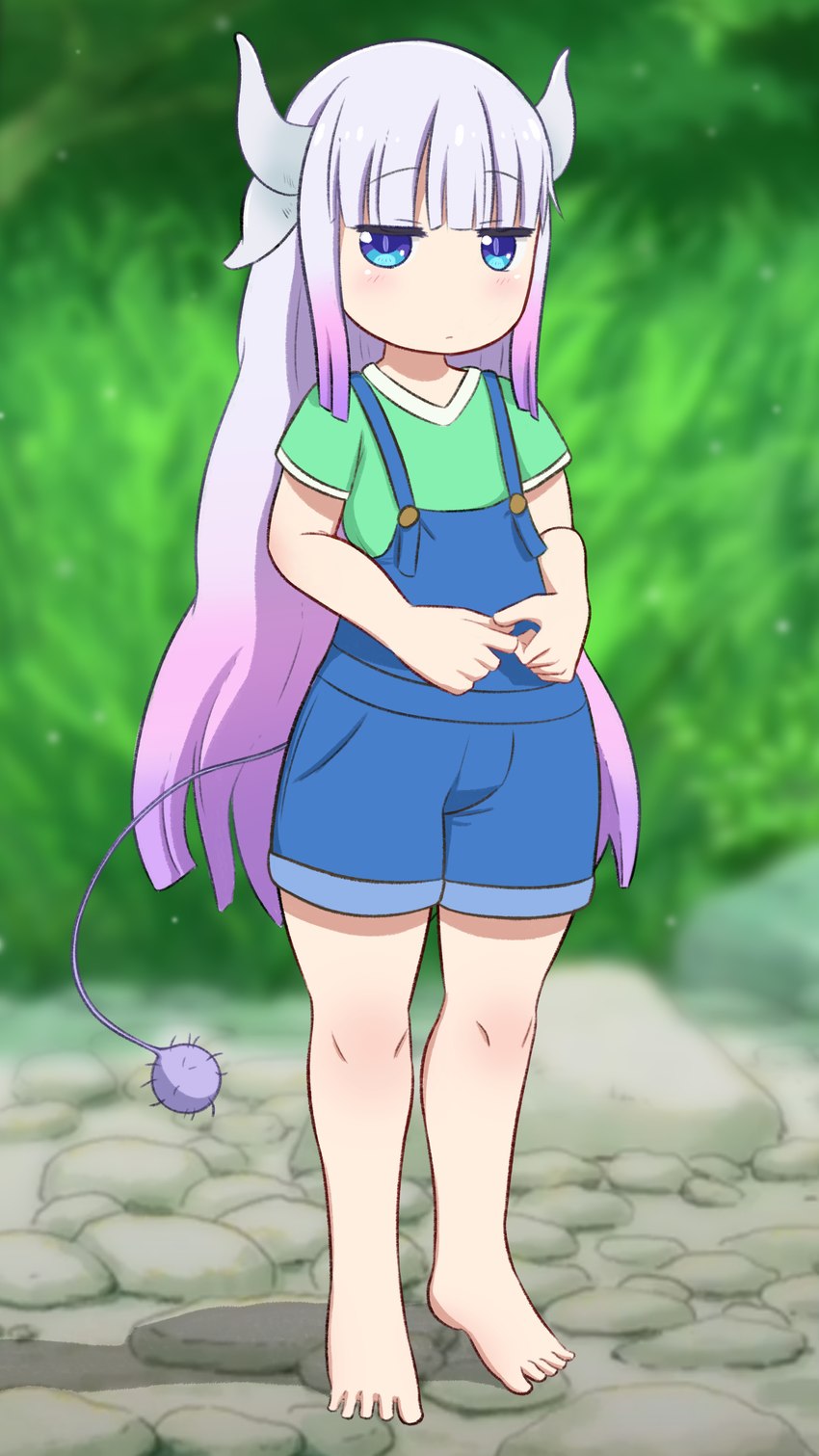 5_fingers 5_toes barefoot blue_eyes blush clothed clothing detailed_background feet female fingers green_clothing green_shirt green_topwear hair horn long_hair overalls purple_hair shirt solo standing toes topwear young young_female young_humanoid greatm8sfm miss_kobayashi's_dragon_maid mythology kanna_kamui animal_humanoid dragon dragon_humanoid humanoid mythological_creature mythological_scalie scalie 2022 4k 9:16 absurd_res hi_res