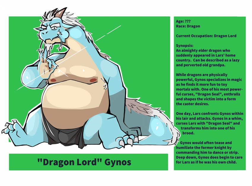 anthro areola claws facial_hair goatee horn male moobs mostly_nude overweight overweight_anthro overweight_male solo tail text coolietf mythology gynos_(coolietf) dragon mythological_creature mythological_scalie scalie colored english_text hi_res