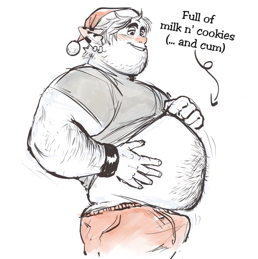 belly big_belly blush bulge christmas_clothing christmas_headwear clothing ear_piercing ear_ring hat headgear headwear holidays humanoid_hands male not_furry overweight overweight_male piercing ring_piercing santa_hat shirt simple_background solo text topwear underwear tora_gy christmas disney onward_(2020) pixar barley_lightfoot elf humanoid 2022 absurd_res english_text hi_res