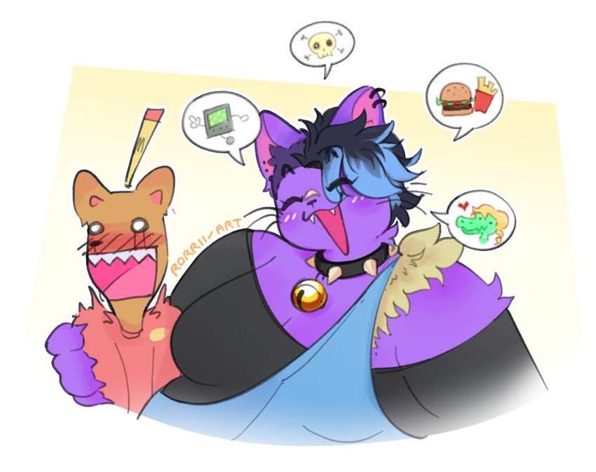 anthro bell bell_collar belly big_belly big_breasts black_hair black_nose blue_hair blush breasts cleavage clothed clothing collar duo eyes_closed female flustered fur hair huge_belly huge_breasts male male/female multicolored_hair obese obese_anthro obese_female open_mouth overalls overweight overweight_anthro overweight_female purple_body purple_fur sharp_teeth shirt shoulder_fluff speech_bubble spiked_collar spikes teeth text topwear two_tone_hair rorrii undertale_(series) burgerpants catty_(undertale) domestic_cat felid feline felis mammal 2025 artist_name digital_drawing_(artwork) digital_media_(artwork) hi_res