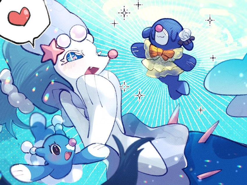 ambiguous_gender anthro black_eyes blue_body blue_eyes blue_hair blush blush_lines bow_tie eyelashes eyes_closed fangs feral gem group hair heart_symbol markings open_mouth pearl_(gem) sparkles starfish_(accessory) tail teeth tongue trio underwater water whisker_markings white_body sstoh nintendo pokemon asterozoan brionne echinoderm generation_7_pokemon marine pokemon_(species) popplio primarina starfish 2025 4:3