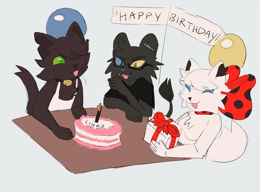 anthro balloon birthday bow_ribbon cake dessert female food furniture gift group inflatable male open_mouth open_smile smile table text trio bloowolfy ladycat_(bloowolfy) domestic_cat felid feline felis mammal 2022 english_text