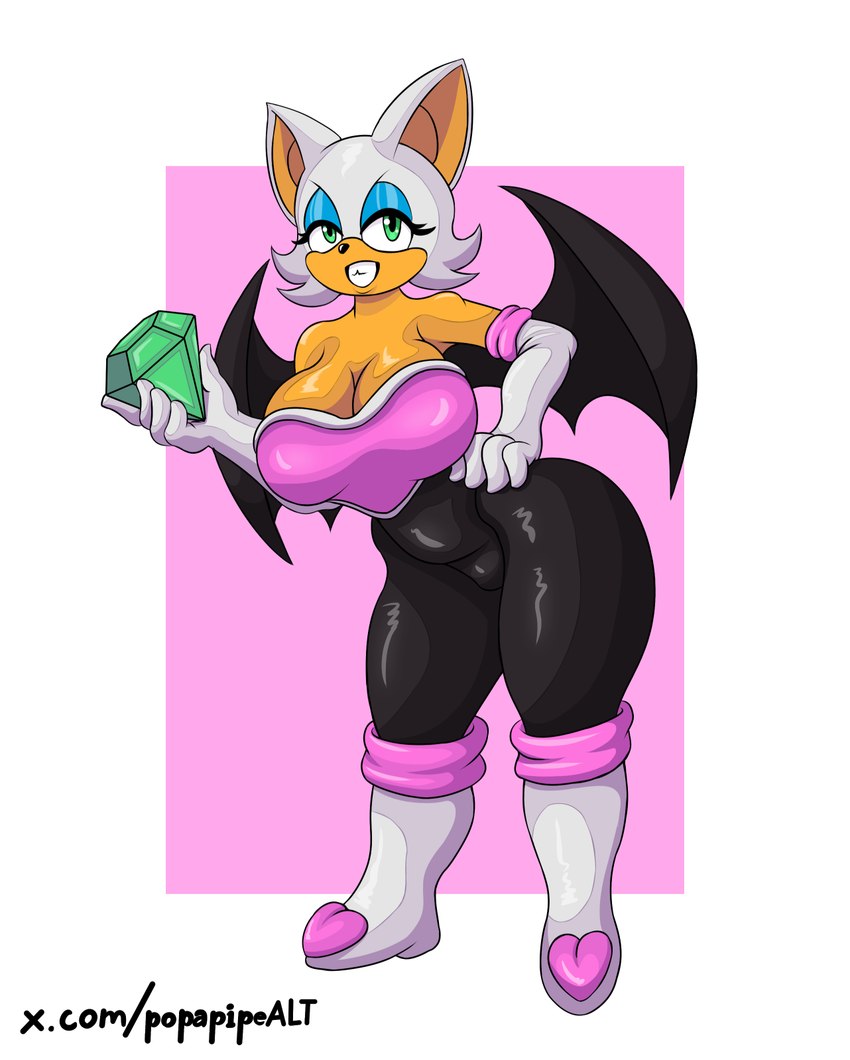 anthro bare_shoulders bat_wings big_breasts big_butt blue_eyes boots breasts butt clothing curvy_figure emerald_(gem) female footwear gem gloves handwear membrane_(anatomy) membranous_wings mischevious shoes smile solo spandex thick_thighs tight_clothing wide_hips wings popapipe sega sonic_the_hedgehog_(series) rouge_the_bat bat mammal hi_res