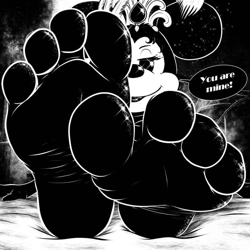 4_toes anthro barefoot bed dialogue feet female foot_focus furniture glitter headdress humanoid_feet on_bed plantigrade presenting seductive soles solo sparkles speech_bubble text toes xtreme7 disney minnie_mouse mammal mouse murid murine rodent 1:1 2024 black_and_white english_text hi_res monochrome