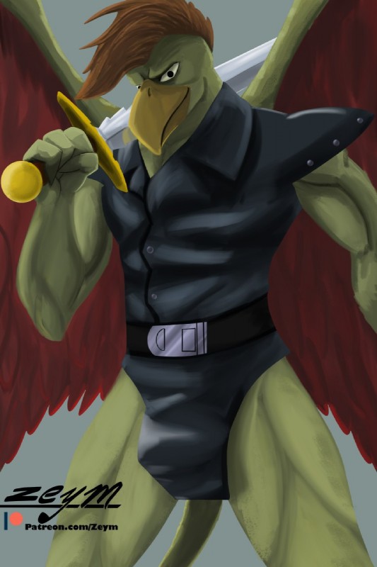 anthro beak belt bulge clothed clothing hair holding_object looking_at_viewer male melee_weapon membrane_(anatomy) membranous_wings muscular muscular_anthro muscular_male simple_background smile solo sword topwear weapon wings zeym disney gargoyles griff_(gargoyles) gargoyle 2020 digital_media_(artwork) digital_painting_(artwork) hi_res