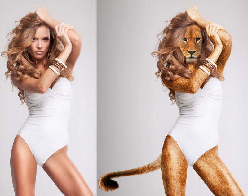 anthro before_and_after biped bracelet breasts clothed clothing curls dress female fur green_eyes hair jewelry lips looking_at_viewer orange_body orange_fur pose simple_background solo standing lynx7386 third-party_edit felid human lion mammal pantherine 2015 hi_res photo_manipulation photomorph