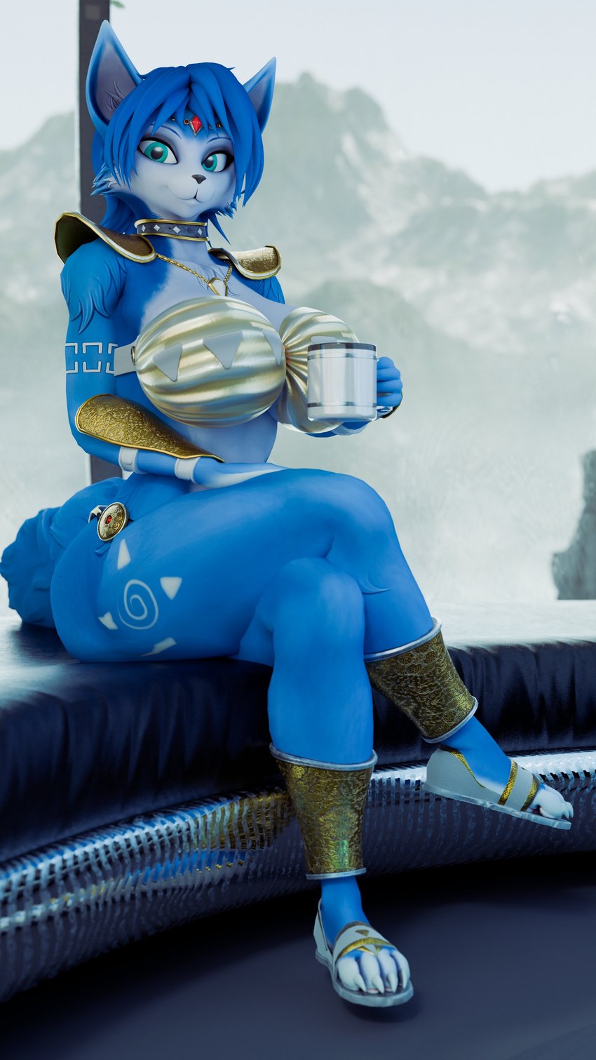 4_toes anthro big_breasts blue_body blue_eyes blue_fur blue_hair breasts choker claws container cup feet female fur hair holding_container holding_cup holding_mug holding_object jewelry mug necklace pawpads solo tail tattoo thick_thighs toe_claws toes furry_ghosty nintendo star_fox warfare_machine krystal_(star_fox) warfare_krystal canid canine fox mammal 3d_(artwork) 4k 9:16 absurd_res digital_media_(artwork) hi_res