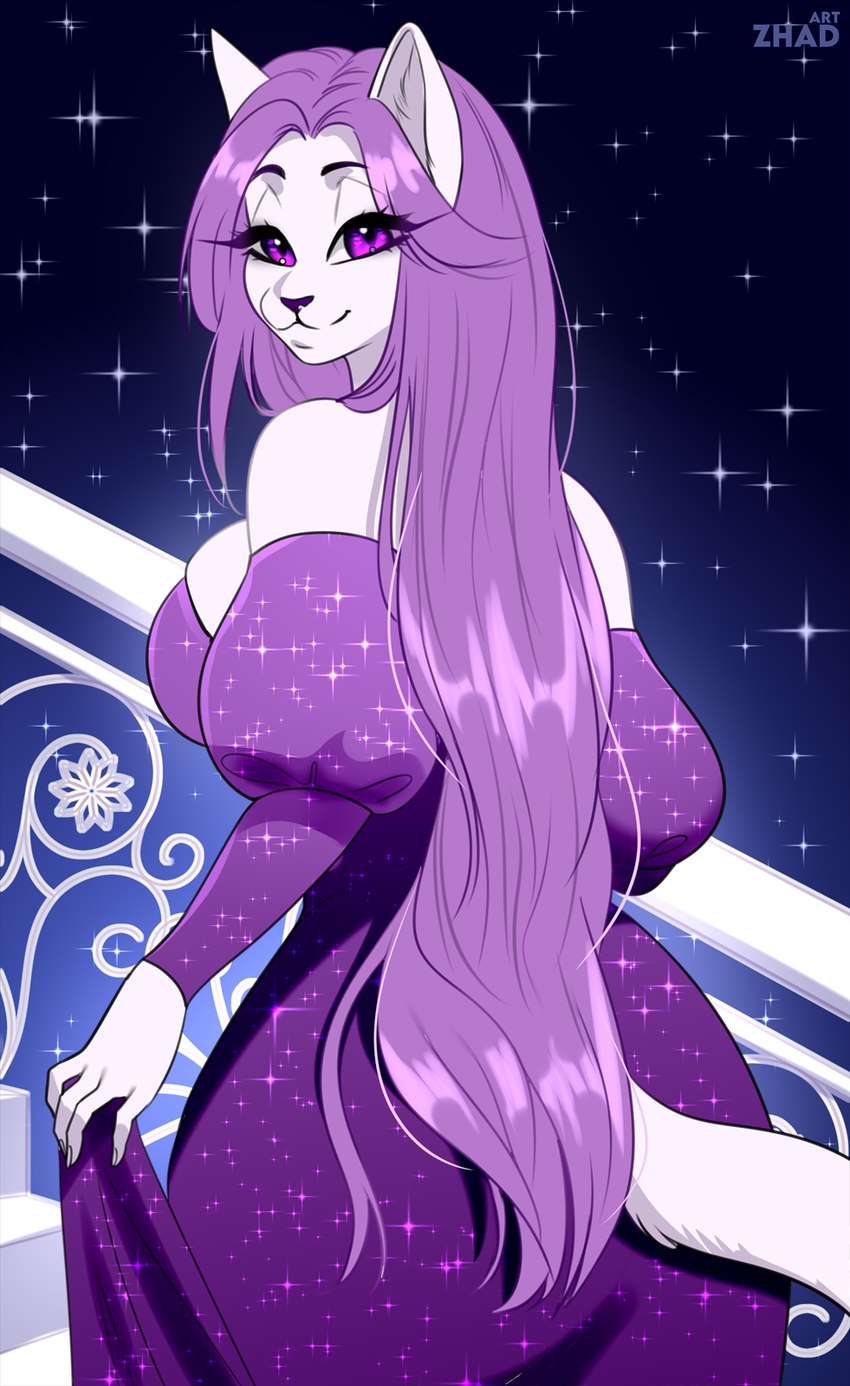 anthro breasts clothing curvy_female curvy_figure dress female fluffy fur hair long_dress long_hair looking_at_viewer pose purple_hair simple_background solo star white_body white_fur zhadart domestic_cat felid feline felis mammal digital_media_(artwork) flat_colors hi_res pinup sketch