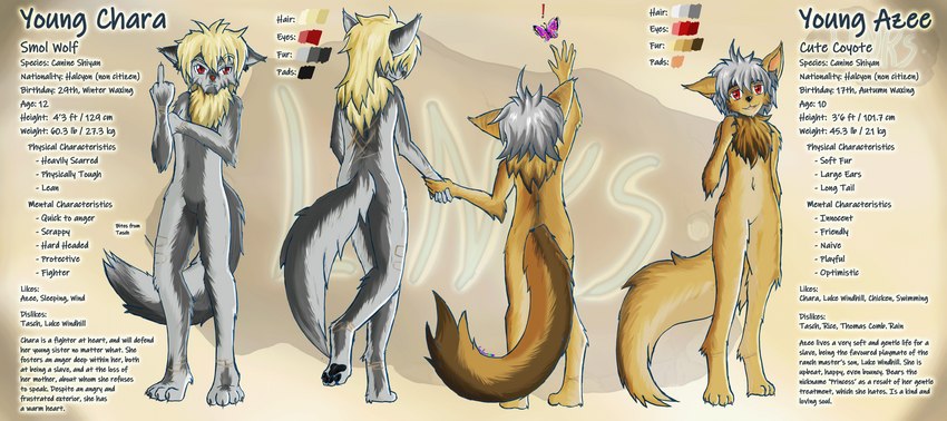 angry anthro bonding brown_body brown_fur collar female fur grey_body grey_fur hair hand_holding happy insane male protective rebel slave smile text tired farfener links azee_(links) chara_(links) shiyan_(links) canid canine canis coyote mammal wolf 2023 absurd_res colored english_text hi_res model_sheet sibling_(lore) sister_(lore) sisters_(lore)