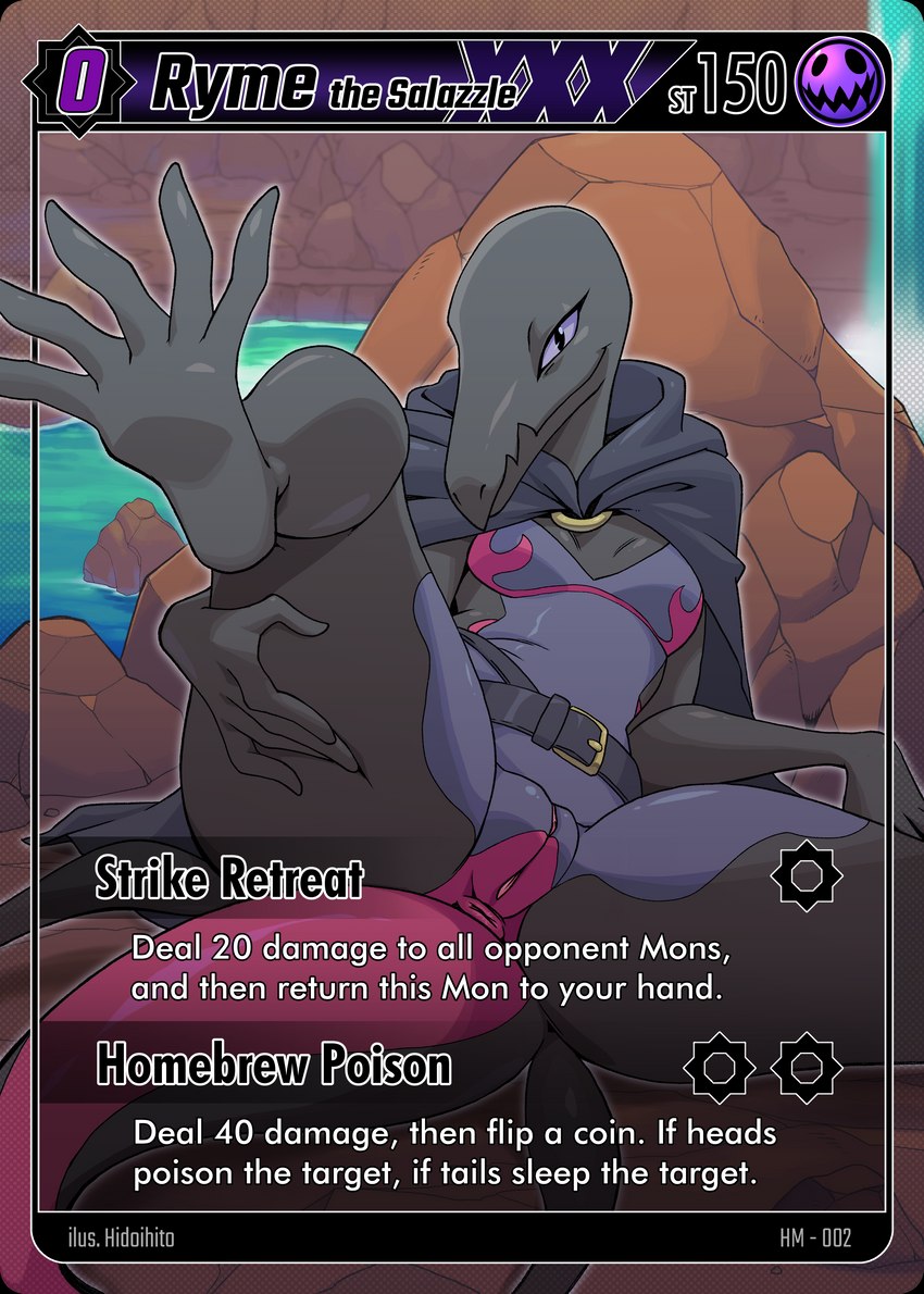 anthro anus cloak clothed clothing female genitals leaning leaning_backward partially_clothed presenting presenting_pussy pussy solo spread_legs spreading text trading_card_game waterfall hidoihito nintendo pokemon ryme_(totodice1) generation_7_pokemon pokemon_(species) salazzle absurd_res english_text hi_res