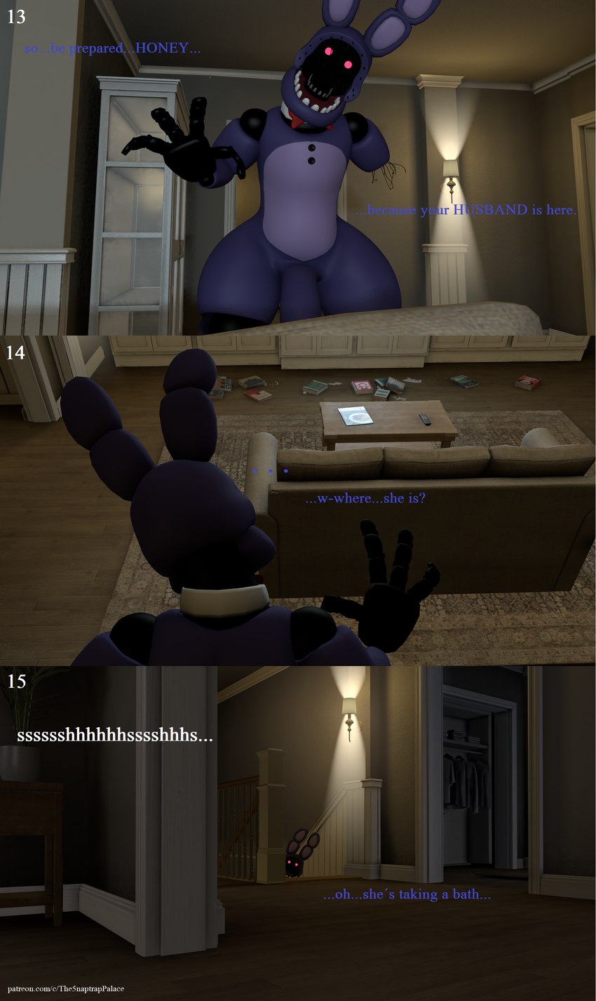 attack_pose collar damaged_arm furniture glowing glowing_eyes living_room long_ears machine male mechanical_hand one_arm purple_body red_ribbon sofa solo stairs stalking text thick_thighs white_collar wide_hips 5naptrap five_nights_at_freddy's five_nights_at_freddy's_2 scottgames bonnie_(fnaf) withered_bonnie_(fnaf) animal_humanoid animatronic humanoid lagomorph lagomorph_humanoid leporid living_machine mammal mammal_humanoid rabbit robot 3d_(artwork) absurd_res digital_media_(artwork) english_text hi_res source_filmmaker_(artwork) url