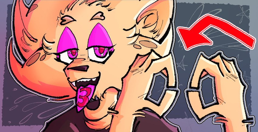 ambiguous_gender anthro fur number_on_body pink_eyes red_arrow solo tan_body tan_fur tongue tongue_out bluddly bluddly_(character) canid canine fox mammal hi_res