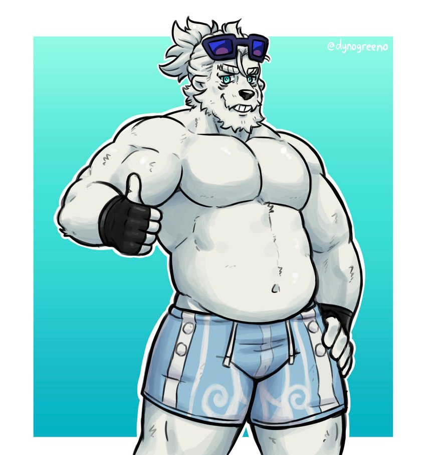 anthro belly blue_eyes clothing eyewear fur gloves handwear male muscular muscular_male navel shirtless shirtless_male smile smiling_at_viewer solo sunglasses white_body white_fur dynogreeno tonygamerpro197 bear mammal polar_bear ursine hi_res