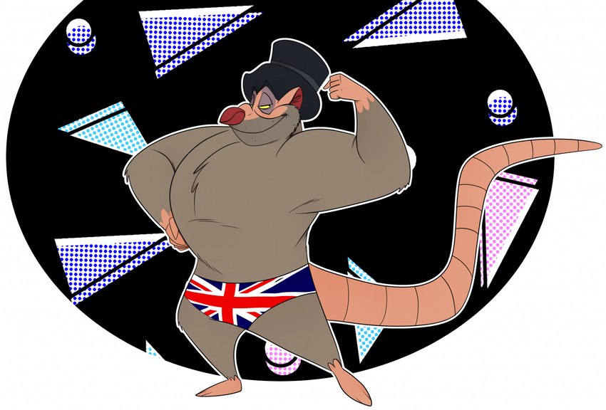 3_toes 5_fingers anthro black_clothing black_hair black_hat black_headwear blue_clothing blue_speedo blue_swimwear blue_thong blue_underwear clothed clothing feet fingers flag flag_print flexing fur grey_body grey_fur hair hat headgear headwear male mature_anthro mature_male muscular muscular_anthro muscular_male pink_paws purple_eyelids simple_background smile solo speedo swimwear tail thong toes top_hat topless topless_anthro topless_male underwear union_jack white_background yellow_sclera r4c00n disney the_great_mouse_detective professor_padraic_ratigan mammal mouse murid murine rat rodent hi_res