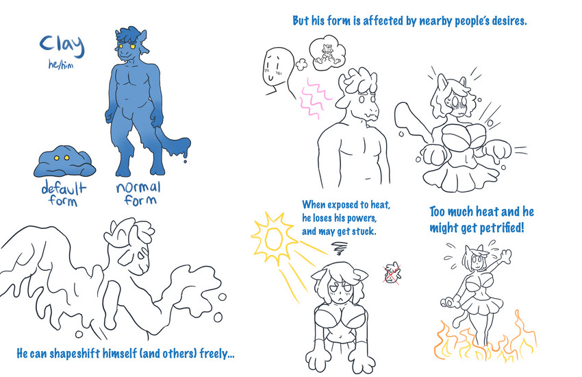 ambiguous_gender anthro bottomwear bra breasts bulge clay clothed clothing crossgender embarrassed faceless_character faceless_male female fire gender_transformation goo_transformation hair inanimate_transformation male nude paws petrification scared simple_background skimpy skirt solo stuck sun surprise text thought_bubble transformation underwear blueclayman clay_(blueclayman) animal_humanoid cat_humanoid felid felid_humanoid feline feline_humanoid goo_creature humanoid mammal mammal_humanoid comic english_text flat_colors hi_res line_art model_sheet