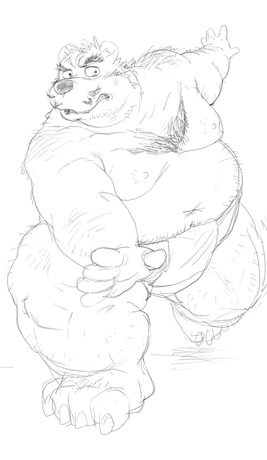 anthro asian_clothing belly big_belly clothing east_asian_clothing facial_hair humanoid_hands japanese_clothing kemono male mature_male mawashi moobs mustache navel nipples overweight overweight_male simple_background solo sumo daich bear mammal 2022 absurd_res hi_res monochrome sketch