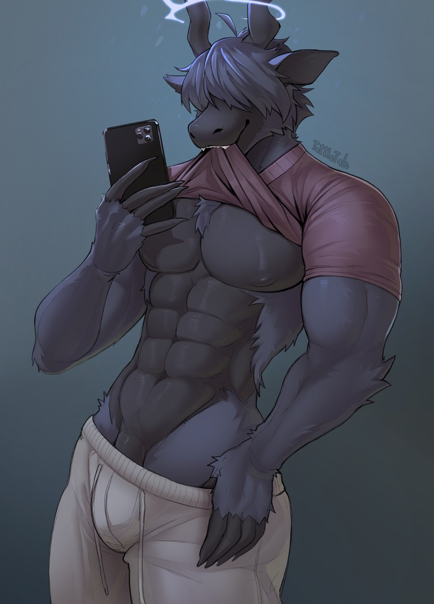 anthro biting_shirt black_body black_fur bulge clothing electronics fur genitals horn male muscular penis penis_base phone selfie simple_background solo freakdan1el arthur_halliwell_(thehiddenperv) angelic_goat bovid caprine goat mammal absurd_res hi_res