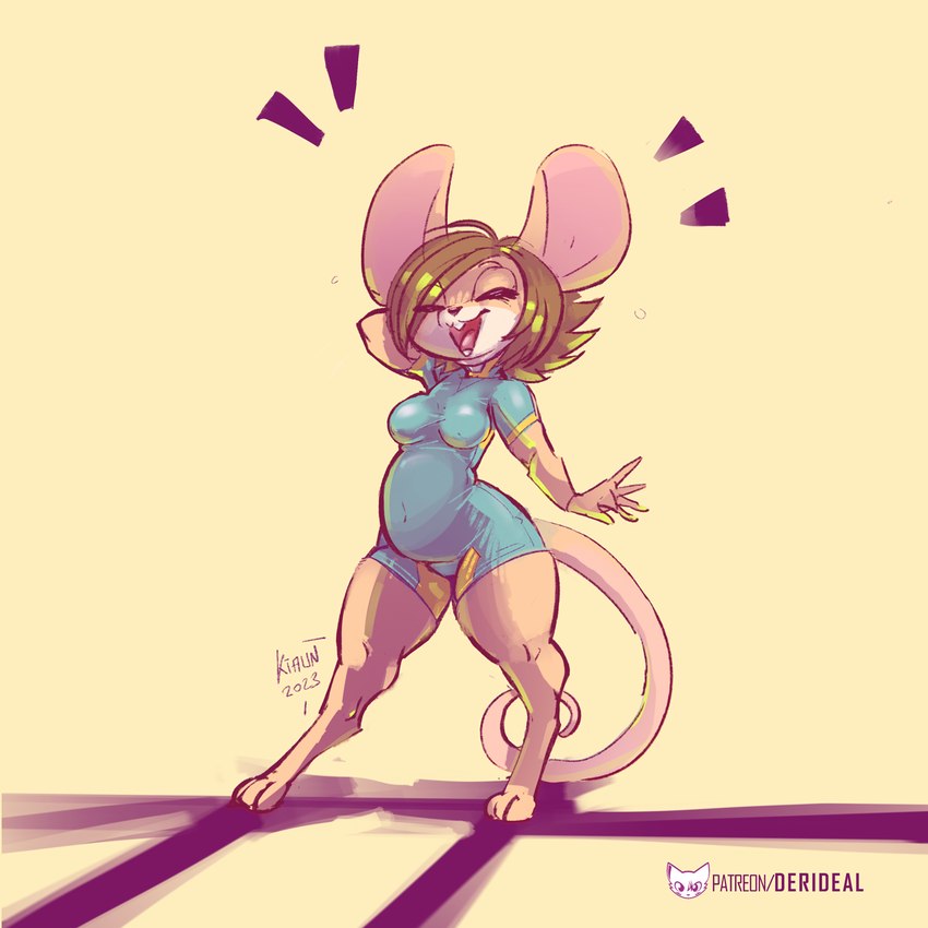 anthro big_ears breasts brown_hair cheerful ears_up eyes_closed female fingers hair hand_behind_head letters open_mouth shadow simple_background solo symbol tail teeth text thick_thighs tongue yellow_background kiaun derideal pixi_(derideal) mammal mouse murid murine rodent 1:1 2023 colored digital_drawing_(artwork) digital_media_(artwork) english_text hi_res icon portrait shaded signature url