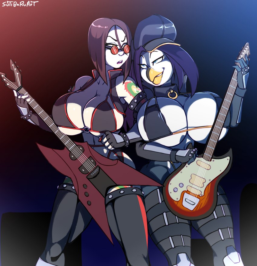 anthro belt big_breasts biker_cap bikini blue_eyes breast_implants breasts clothing collar dark_hair duo eyebrows eyewear female guitar hair huge_breasts legwear musical_instrument plucked_string_instrument purple_hair raised_eyebrow rivalry spherical_breasts stage stage_lights string_instrument sunglasses swimwear tattoo thigh_highs thong trolling two-piece_swimsuit underwear sutibaru eibon tori_saito avian bird human mammal penguin hi_res