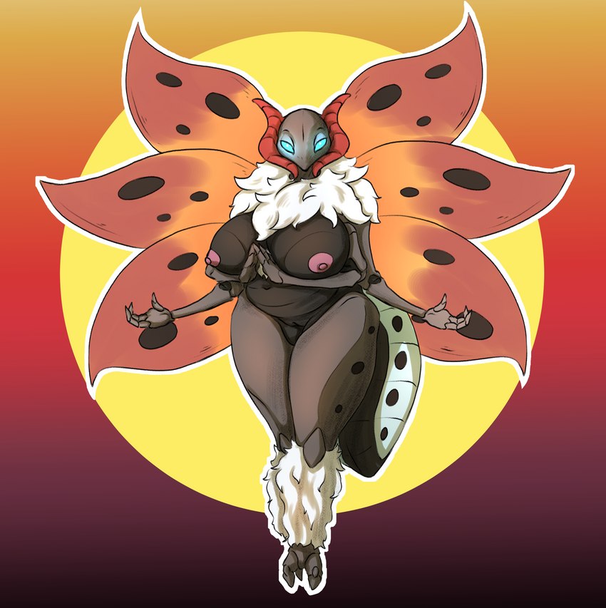 anthro anthrofied blue_eyes breasts brown_body claws female fur genitals mature_female multi_arm multi_limb multi_wing nipples non-mammal_breasts non-mammal_nipples pokemorph pussy simple_background solo white_body white_fur wings tolerain nintendo pokemon arthropod generation_5_pokemon insect pokemon_(species) volcarona absurd_res hi_res