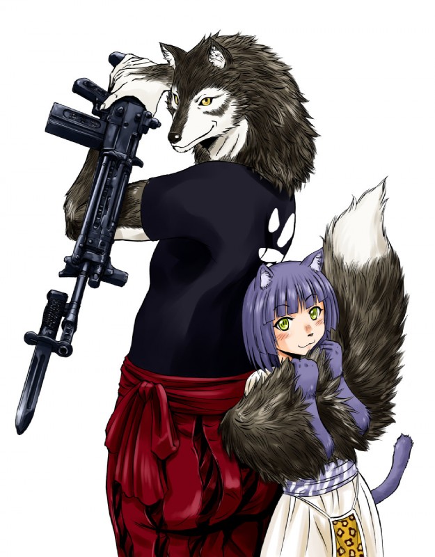 assault_rifle back_to_back bayonet clothed clothing duo female gun knife male male/female ranged_weapon rifle tail tail_hug weapon sao_satoru gate_(series) wolf_(gate) canid canine canis domestic_cat felid feline felis mammal wolf hi_res official_art