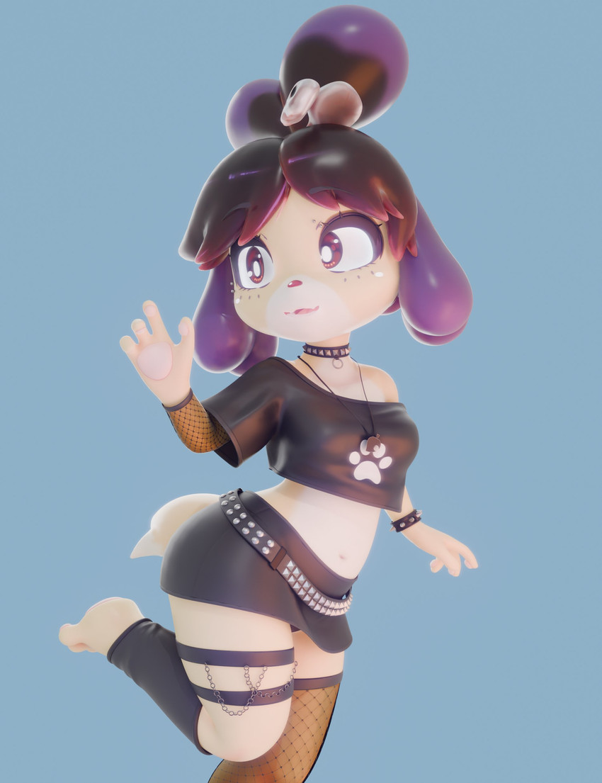 4_fingers alternative_fashion anthro barefoot black_bottomwear black_choker black_clothing black_hair black_jewelry black_necklace black_shirt black_skirt black_topwear blue_background bottomwear bracelet breasts chain choker clothing collar crop_top feet female fingers footprint glistening glistening_bottomwear glistening_clothing glistening_hair glistening_shirt glistening_skirt glistening_topwear goth hair jewelry medium_breasts midriff navel necklace on_one_leg open_mouth open_smile pawpads pawprint pupils purple_hair red_eyes red_nose shirt shortstack shortstack_female simple_background skirt smile solo spiked_bracelet spikes standing studded_collar studs tail thigh_strap tied_hair topwear white_pupils wide_hips yellow_body rosoero zy0n7_(modeler) animal_crossing nintendo gothabelle isabelle_(animal_crossing) canid canine canis domestic_dog mammal shih_tzu toy_dog 3d_(artwork) absurd_res digital_media_(artwork) hi_res