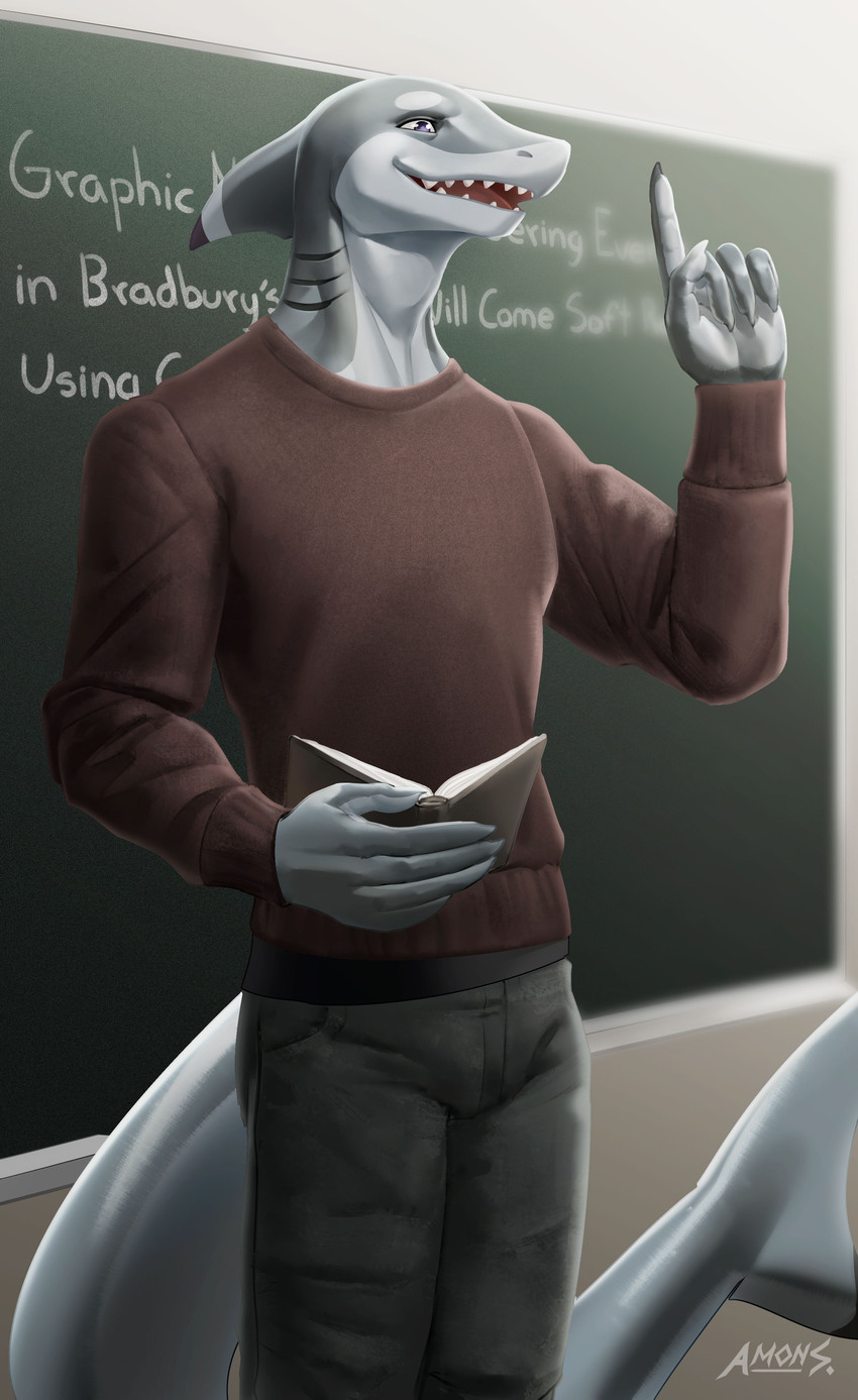 5_fingers anthro blue_eyes book bottomwear chalkboard classroom claws clothing fin fingers gesture gills grey_bottomwear grey_clothing grey_pants head_fin information_board inside male open_mouth pants purple_eyes raised_arm red_clothing red_shirt red_topwear school sharp_teeth shirt solo standing teacher teaching teeth text topwear amon-sydonai lysander_hano blacktip_shark carcharhinus fish humanoid marine requiem_shark shark absurd_res hi_res