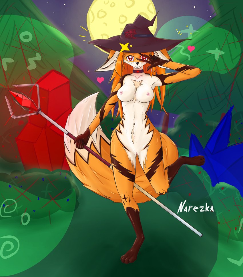 anthro belly breasts clothing ears_down female forest fur genitals hair hat headgear headwear magic magic_user navel night nipples nude pivoted_ears plant pussy red_eyes red_hair smile solo staff tail tattoo tree witch witch_hat narezka canid canine fox mammal 2024 absurd_res colored digital_media_(artwork) hi_res shaded