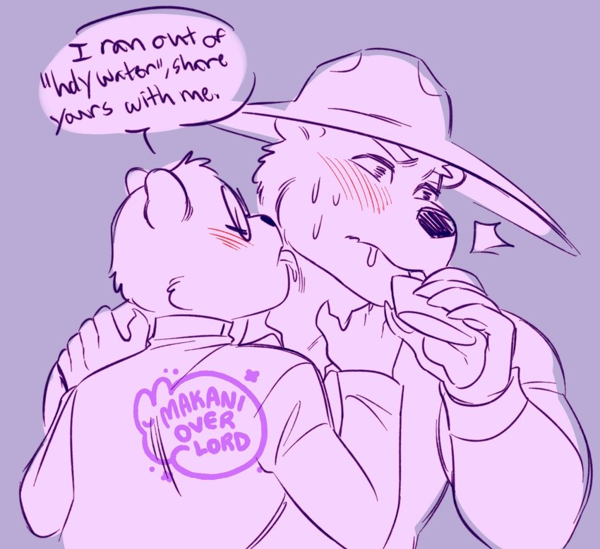 anthro biped blush clothing dialogue drinking duo eyewear glasses hat headgear headwear licking shirt surprise text tongue tongue_out topwear dongoverlord unicorn_wars padre_(unicorn_wars) sargento_caricias bear mammal 2023 english_text