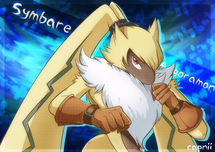 anthro clothing fluffy_chest fur gloves handwear male orange_eyes shirtless small_waist solo yellow_body yellow_fur capnii bandai_namco digimon digimon_ghost_game digimon_(species) lagomorph leporid mammal rabbit symbareangoramon hi_res