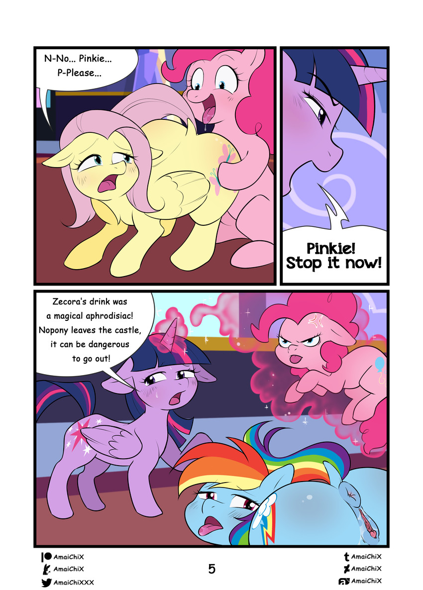 anus ass_up bodily_fluids butt clitoris dialogue explicitly_stated_nonconsent female female/female feral genital_fluids genitals group horn love_potion pussy text vaginal_fluids wings amaichix friendship_is_magic hasbro my_little_pony mythology fluttershy_(mlp) pinkie_pie_(mlp) rainbow_dash_(mlp) twilight_sparkle_(mlp) earth_pony equid equine horse mammal mythological_creature mythological_equine pegasus pony winged_unicorn absurd_res comic english_text hi_res