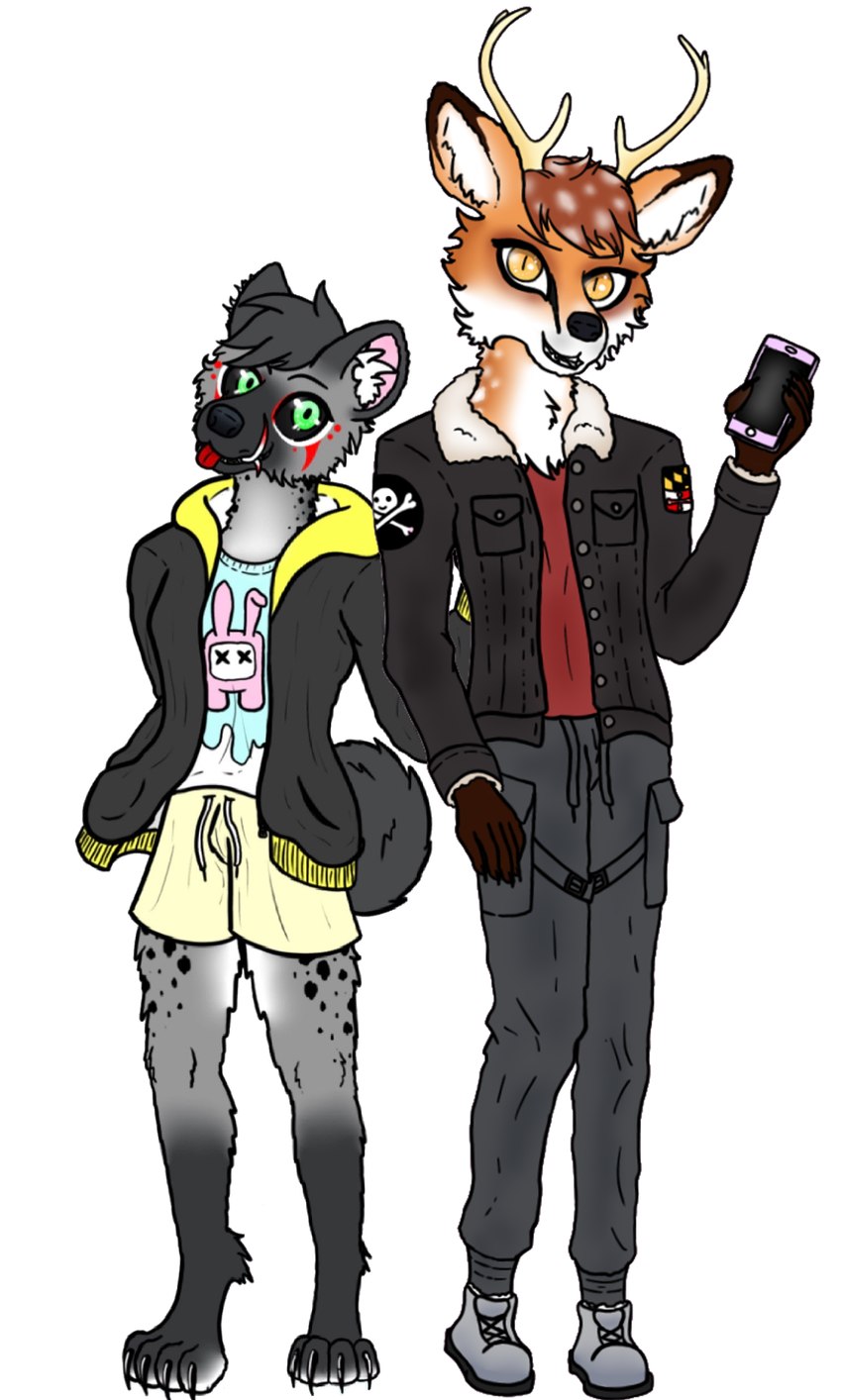 anthro bottomwear clothing duo fluffy hoodie male male/male romantic romantic_couple shorts topwear jammyjams jammy_(jammyjams) canid canine deer feex fox hybrid hyena mammal hazel_(disambiguation) hi_res