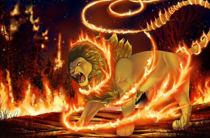 angry blonde_highlights detailed_background elemental_manipulation feral fierce fire fire_manipulation forest forest_background forest_fire grass grey_mane highlights_(coloring) incisors male mane nature nature_background night open_mouth orange_eyes plant quadruped roaring solo sparks tree conditional_dnp lynxbrush sekinar felid lion mammal pantherine absurd_res hi_res