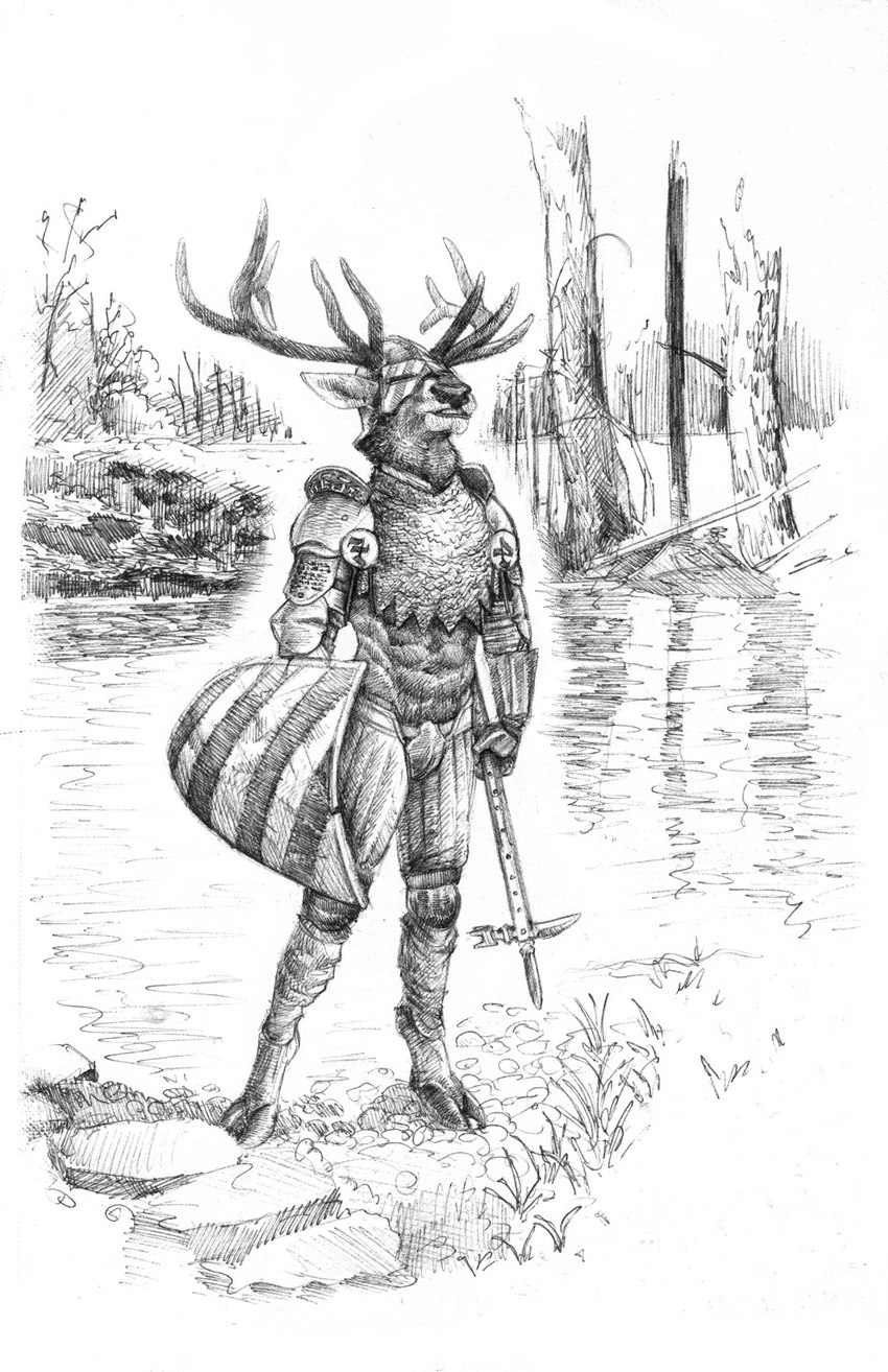 abs anthro antlers armor chainmail clothed clothing codpiece hammer headgear helmet hooves horn male melee_weapon midriff muscular muscular_anthro muscular_male neck_tuft outside partially_clothed pauldron runes shield solo standing tools tuft warhammer water weapon momamo cervine deer elk mammal absurd_res hi_res monochrome